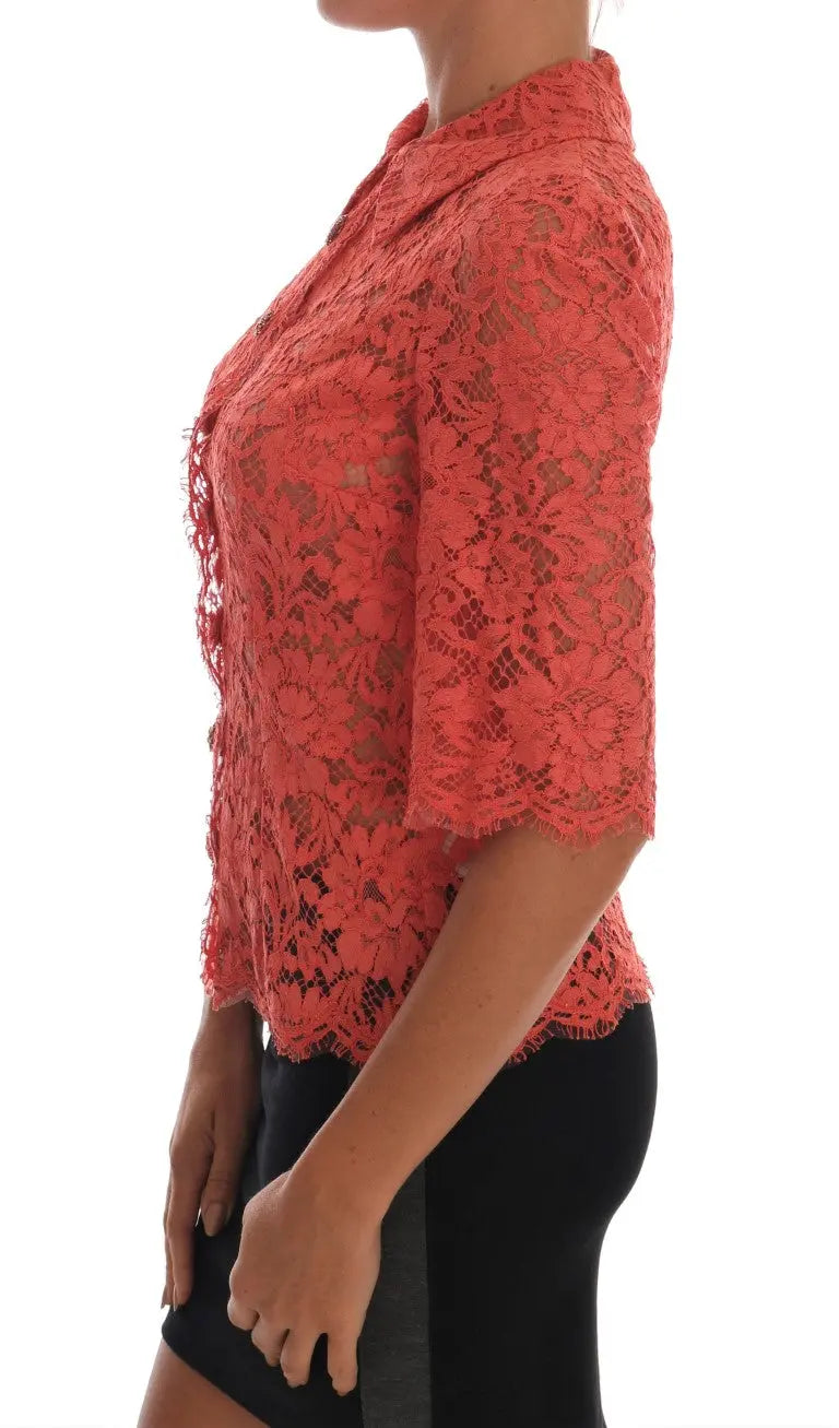 Dolce & Gabbana Orange Crystal Buttons Floral Lace Blouse - Zeiniez