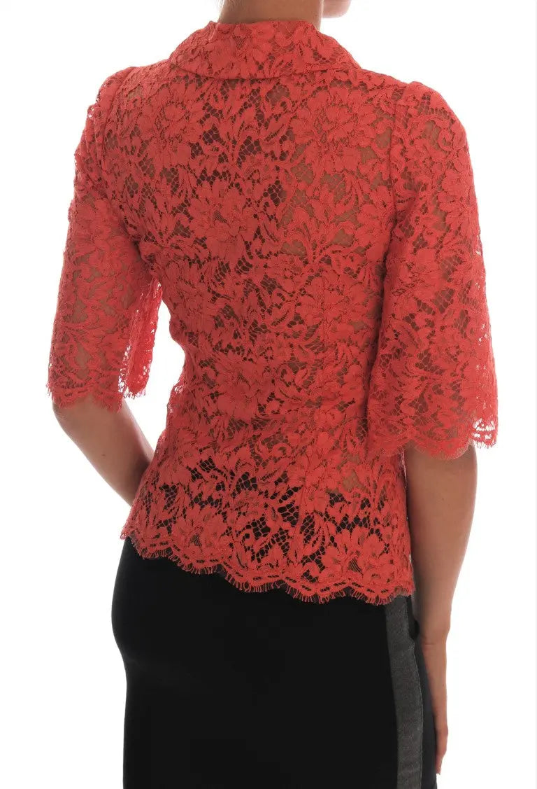 Dolce & Gabbana Orange Crystal Buttons Floral Lace Blouse - Zeiniez