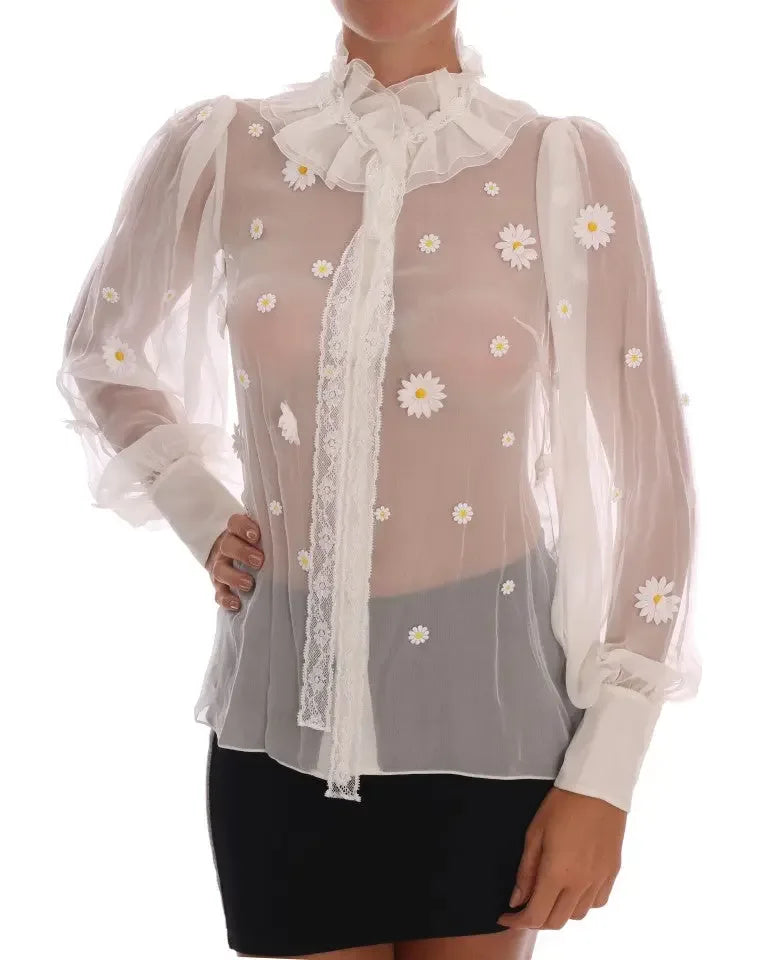 Dolce & Gabbana White Daisy Applique Silk Shirt - Zeiniez