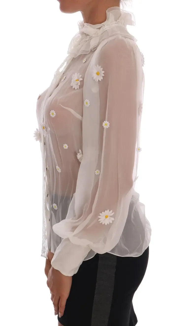 Dolce & Gabbana White Daisy Applique Silk Shirt - Zeiniez