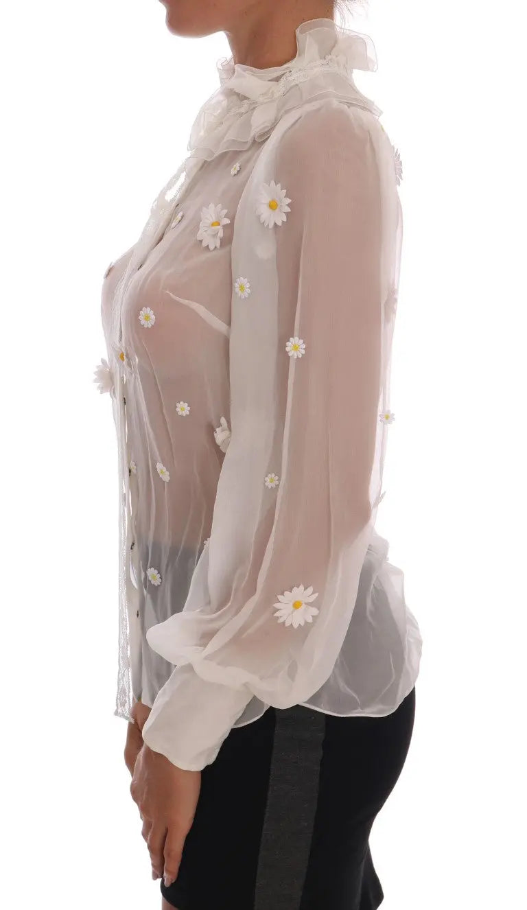 Dolce & Gabbana White Daisy Applique Silk Shirt - Zeiniez