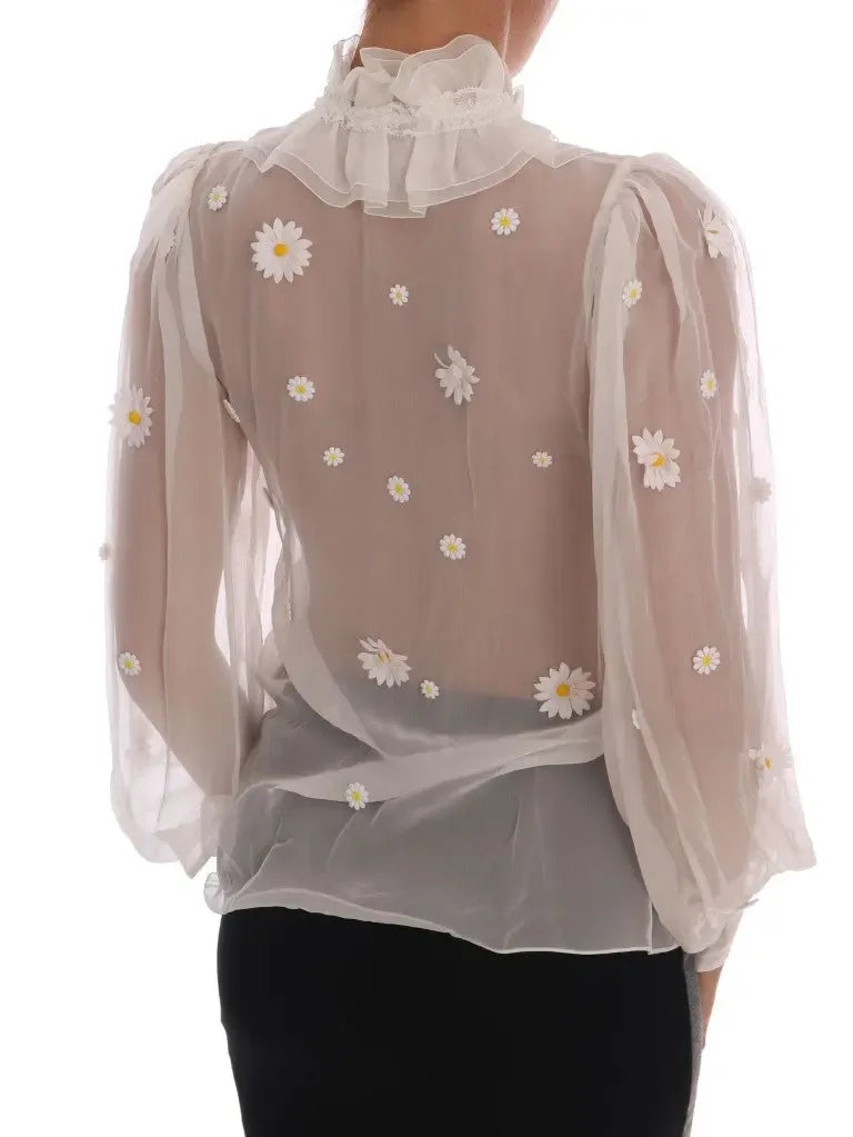 Dolce & Gabbana White Daisy Applique Silk Shirt - Zeiniez