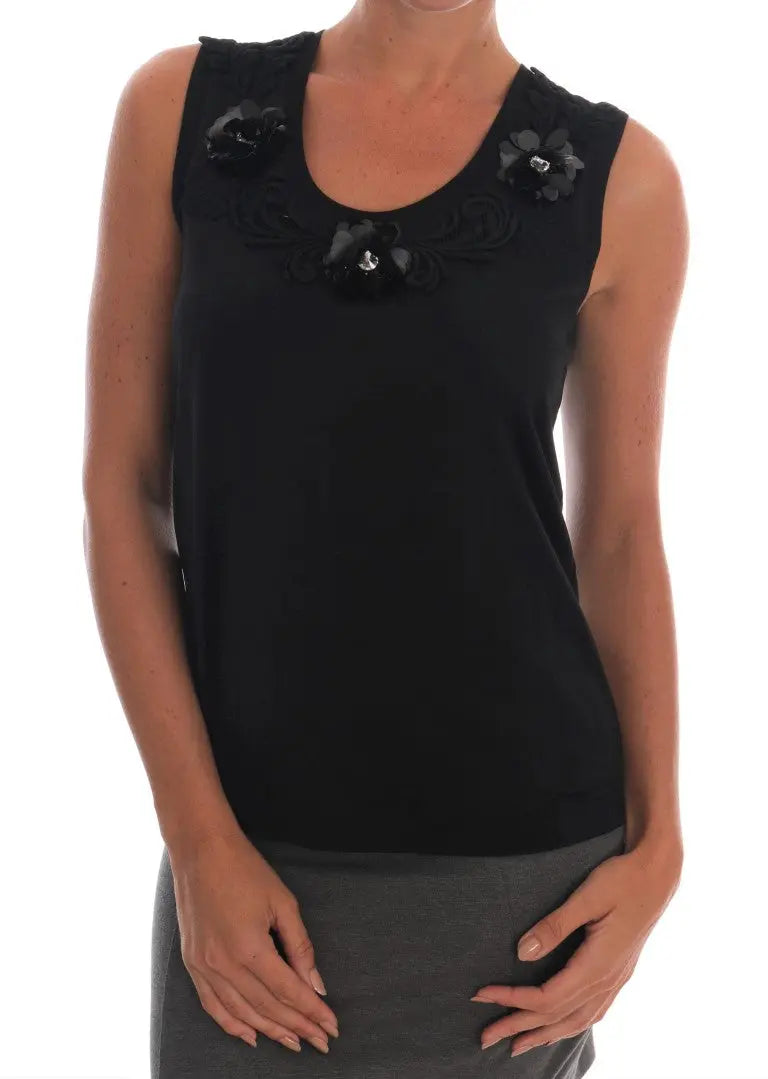 Dolce & Gabbana Black Cotton Floral Crystal Tank Top - Zeiniez