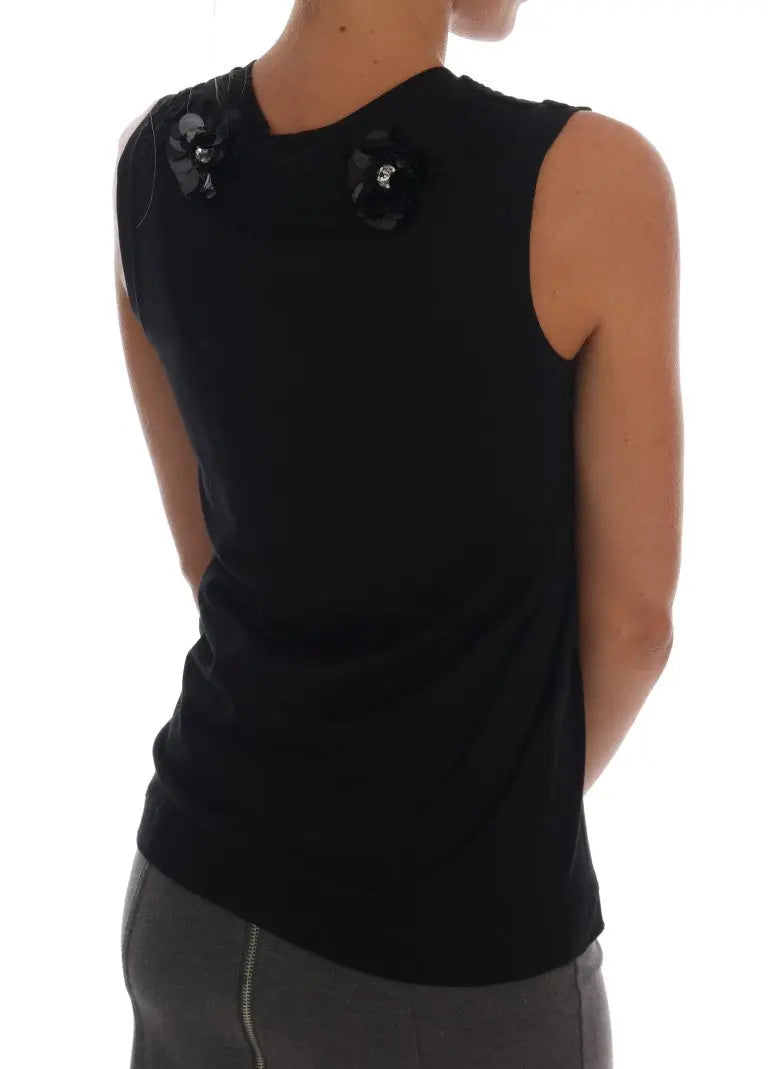 Dolce & Gabbana Black Cotton Floral Crystal Tank Top - Zeiniez