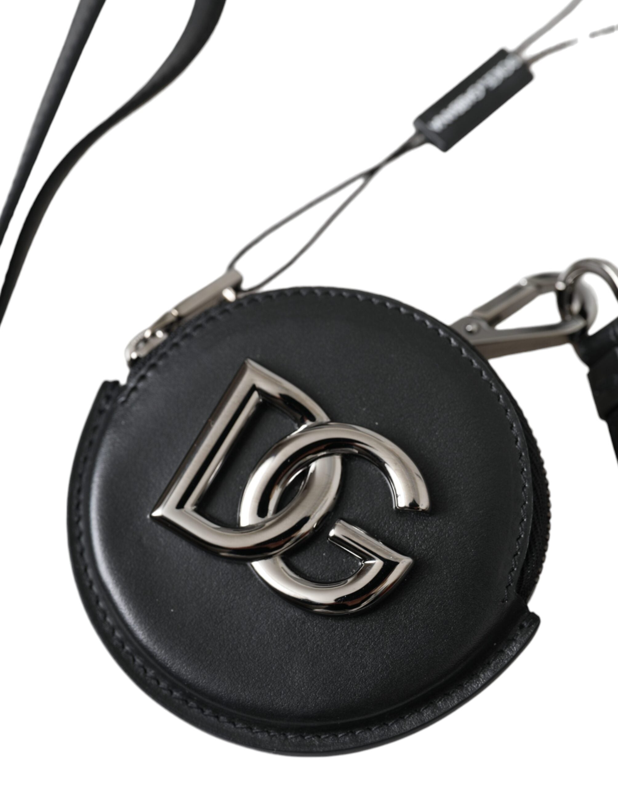 Dolce & Gabbana Black Round Leather DG Logo Coin Purse Lanyard Wallet - Zeiniez