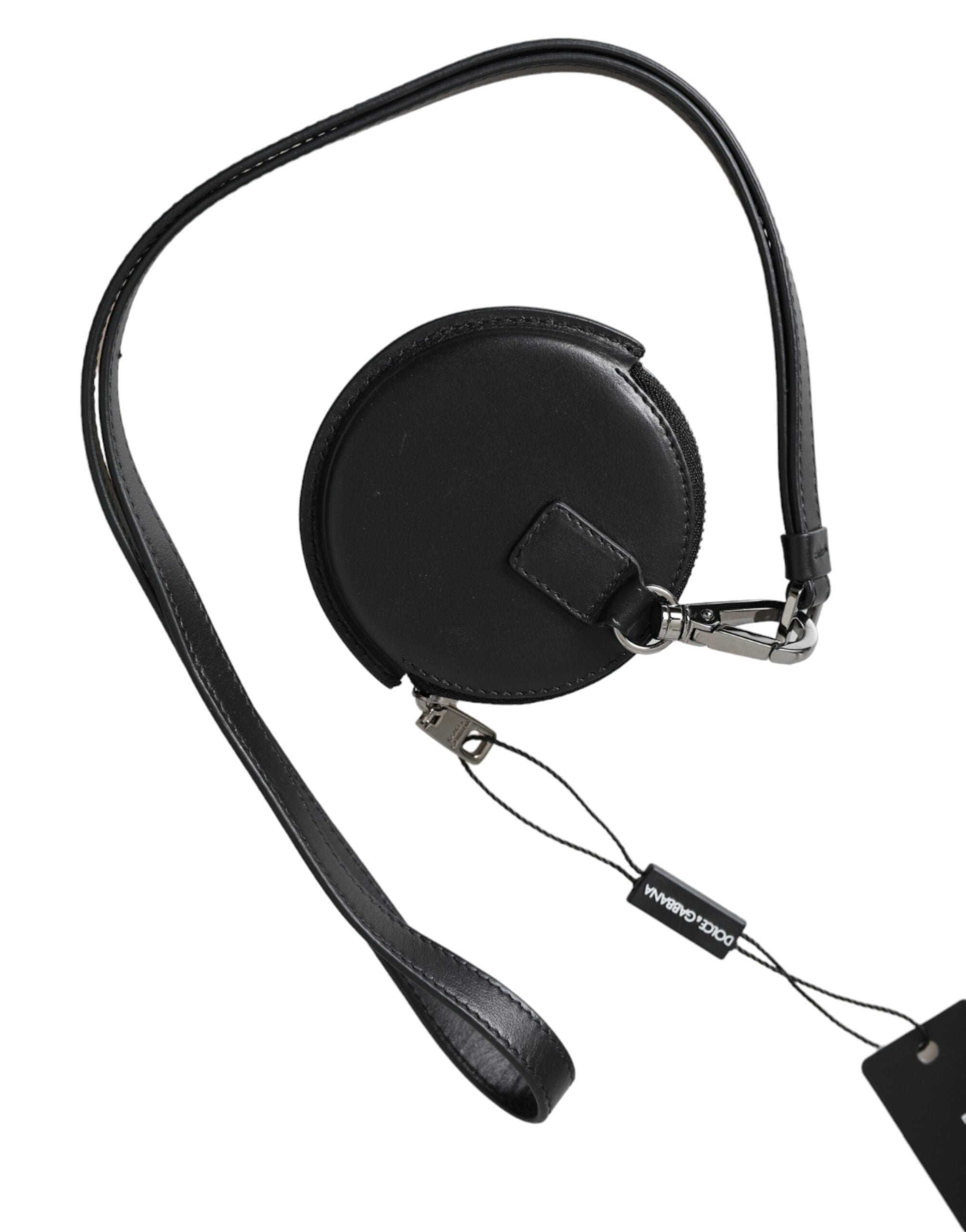 Dolce & Gabbana Black Round Leather DG Logo Coin Purse Lanyard Wallet - Zeiniez