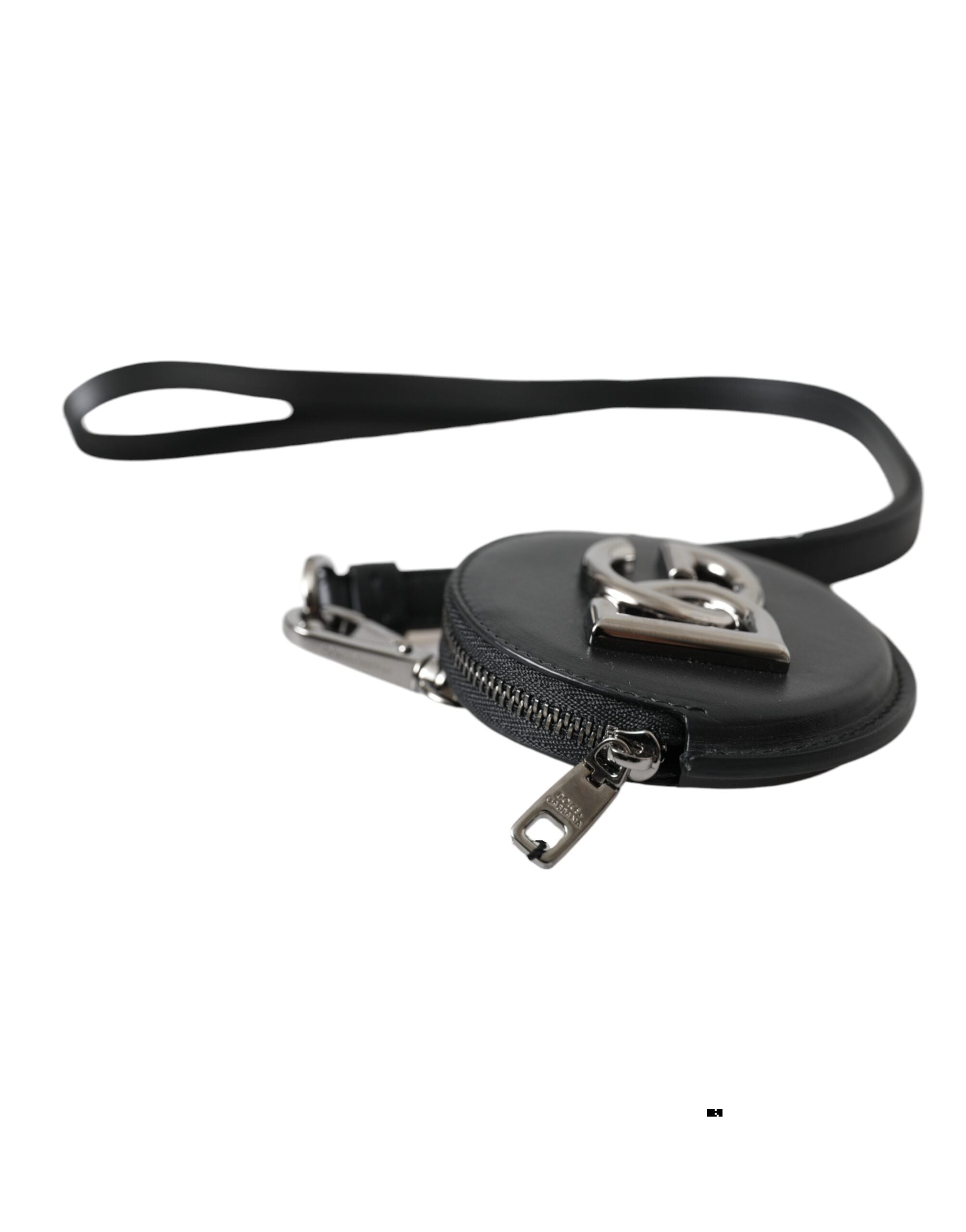 Dolce & Gabbana Black Round Leather DG Logo Coin Purse Lanyard Wallet - Zeiniez