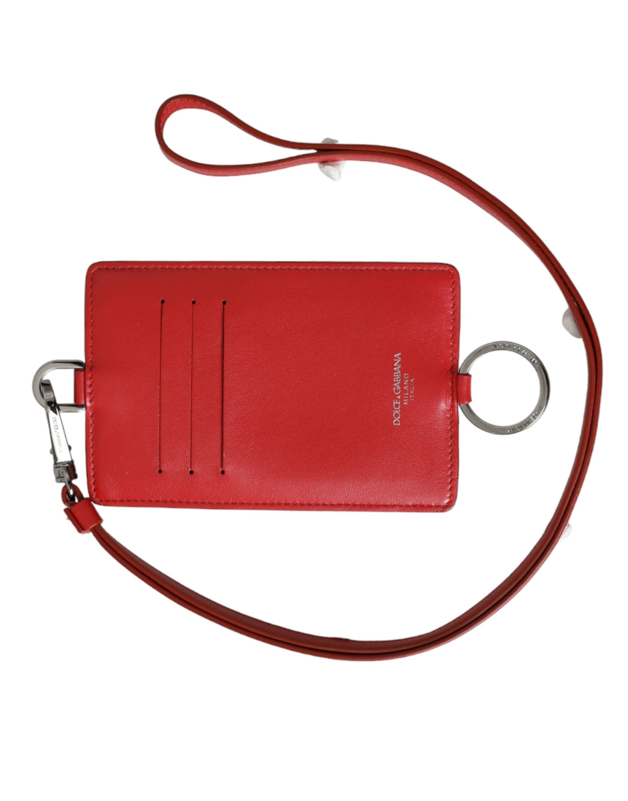 Dolce & Gabbana Red Calfskin Leather Lanyard Logo Card Holder Wallet - Zeiniez