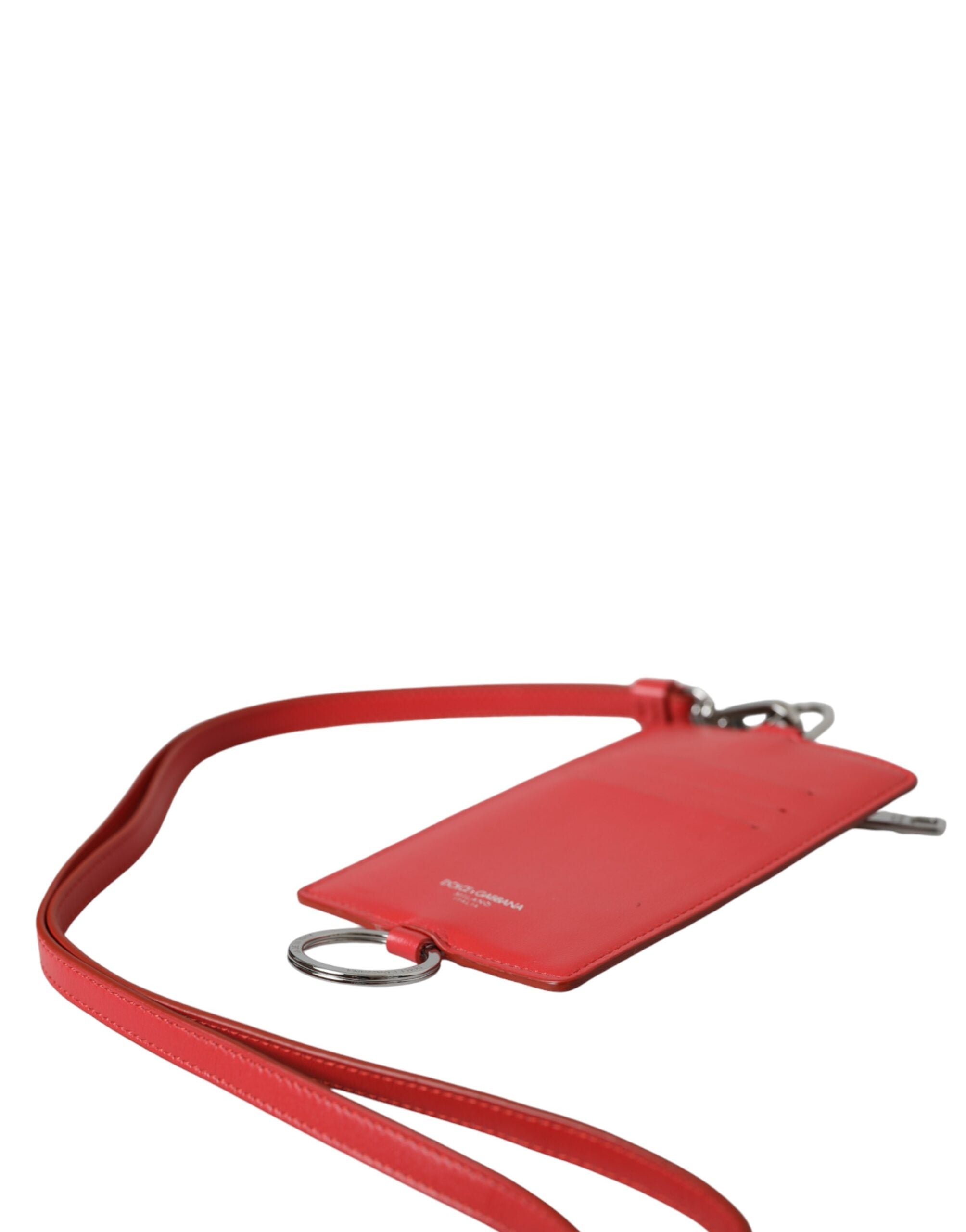 Dolce & Gabbana Red Calfskin Leather Lanyard Logo Card Holder Wallet - Zeiniez