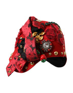 Dolce & Gabbana Red Crystal Gold Roses Brooch Embellished Hat - Zeiniez