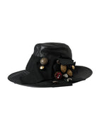 Dolce & Gabbana Black Leather DG Coin Crystal Wide Brim Hat - Zeiniez