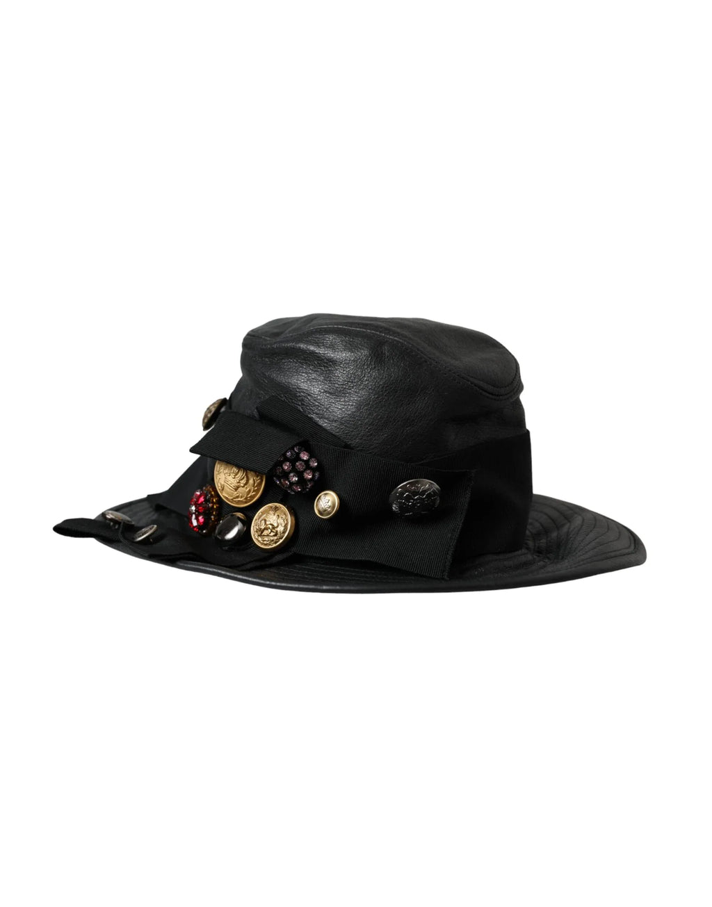 Dolce & Gabbana Black Leather DG Coin Crystal Wide Brim Hat - Zeiniez