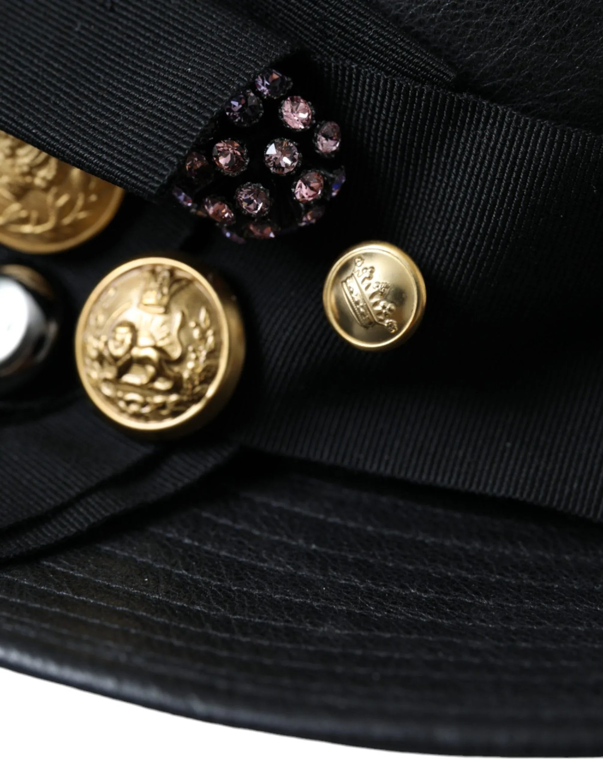 Dolce & Gabbana Black Leather DG Coin Crystal Wide Brim Hat - Zeiniez