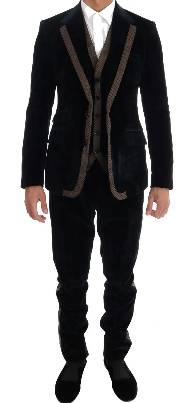 Dolce & Gabbana Blue Velvet Two Button Slim 3 Piece Suit - Zeiniez