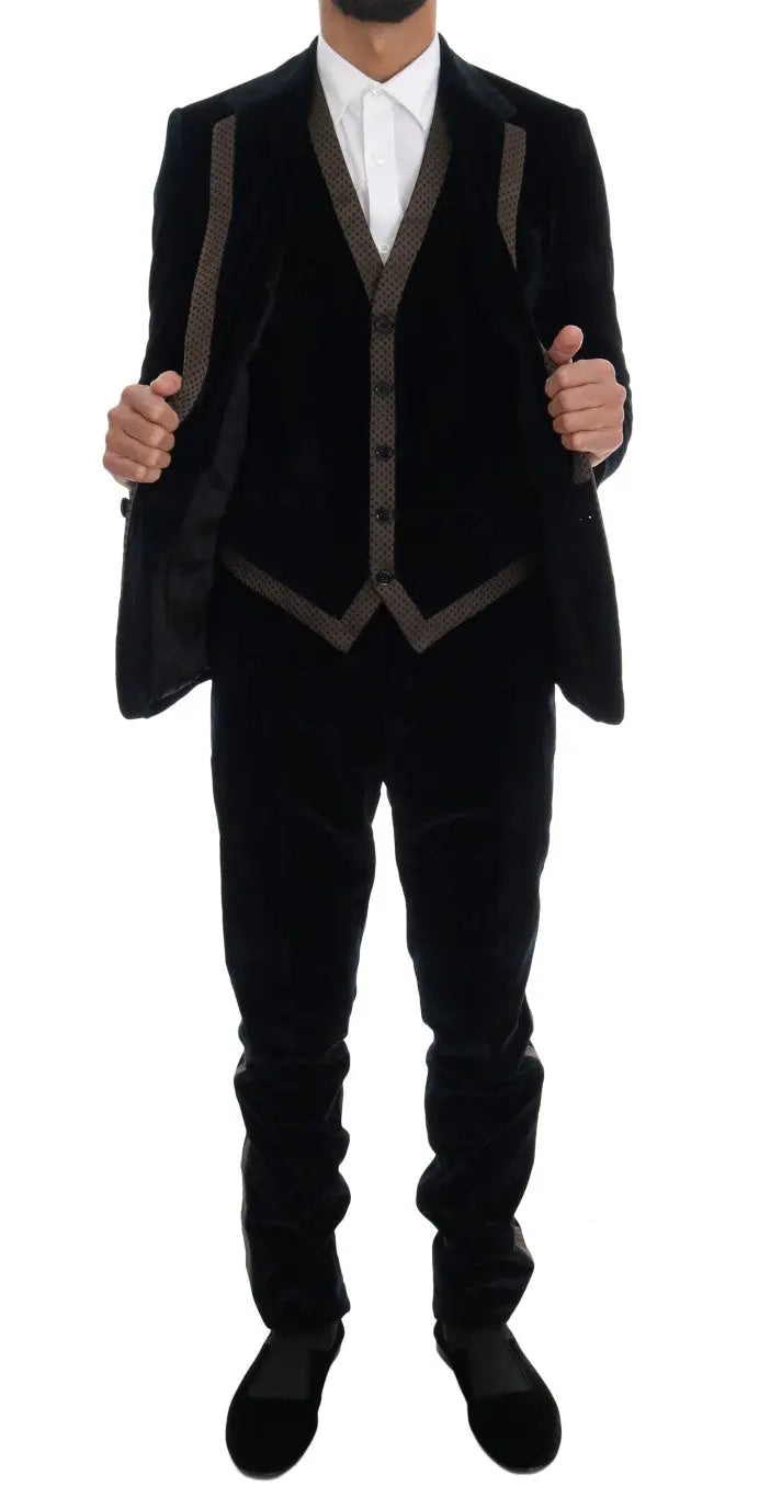Dolce & Gabbana Blue Velvet Two Button Slim 3 Piece Suit - Zeiniez