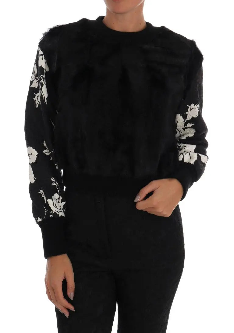 Dolce & Gabbana Black Fur Floral Brocade Zipper Sweater - Zeiniez