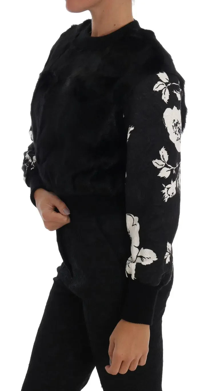 Dolce & Gabbana Black Fur Floral Brocade Zipper Sweater - Zeiniez
