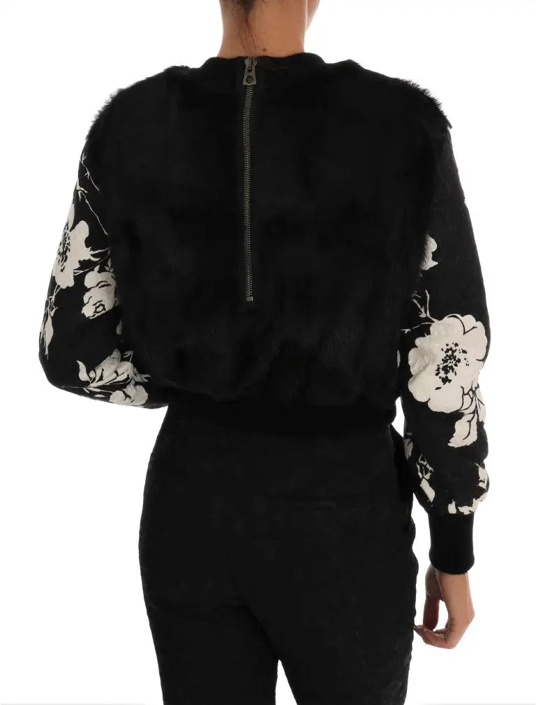 Dolce & Gabbana Black Fur Floral Brocade Zipper Sweater - Zeiniez