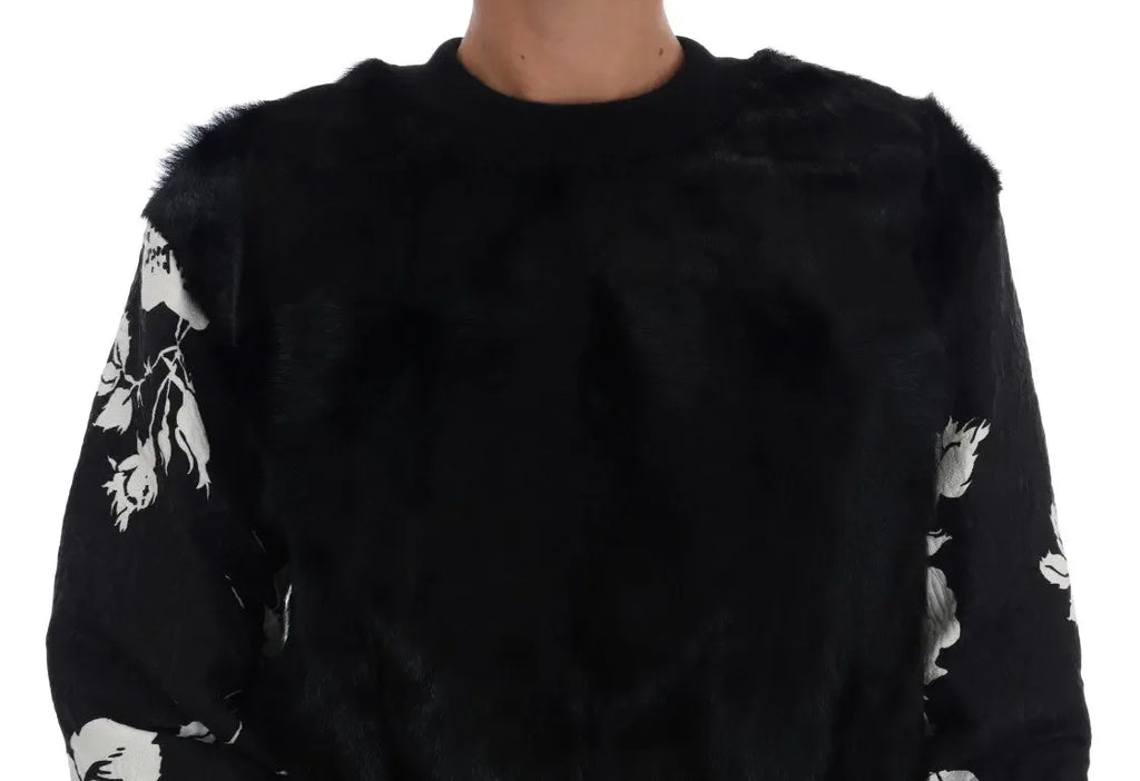 Dolce & Gabbana Black Fur Floral Brocade Zipper Sweater - Zeiniez