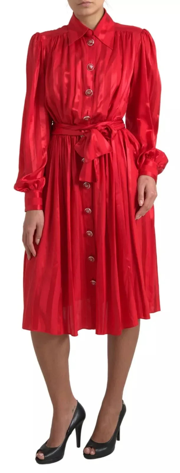 Dolce & Gabbana Red Button Down Belted Midi Satin Silk Dress - Zeiniez
