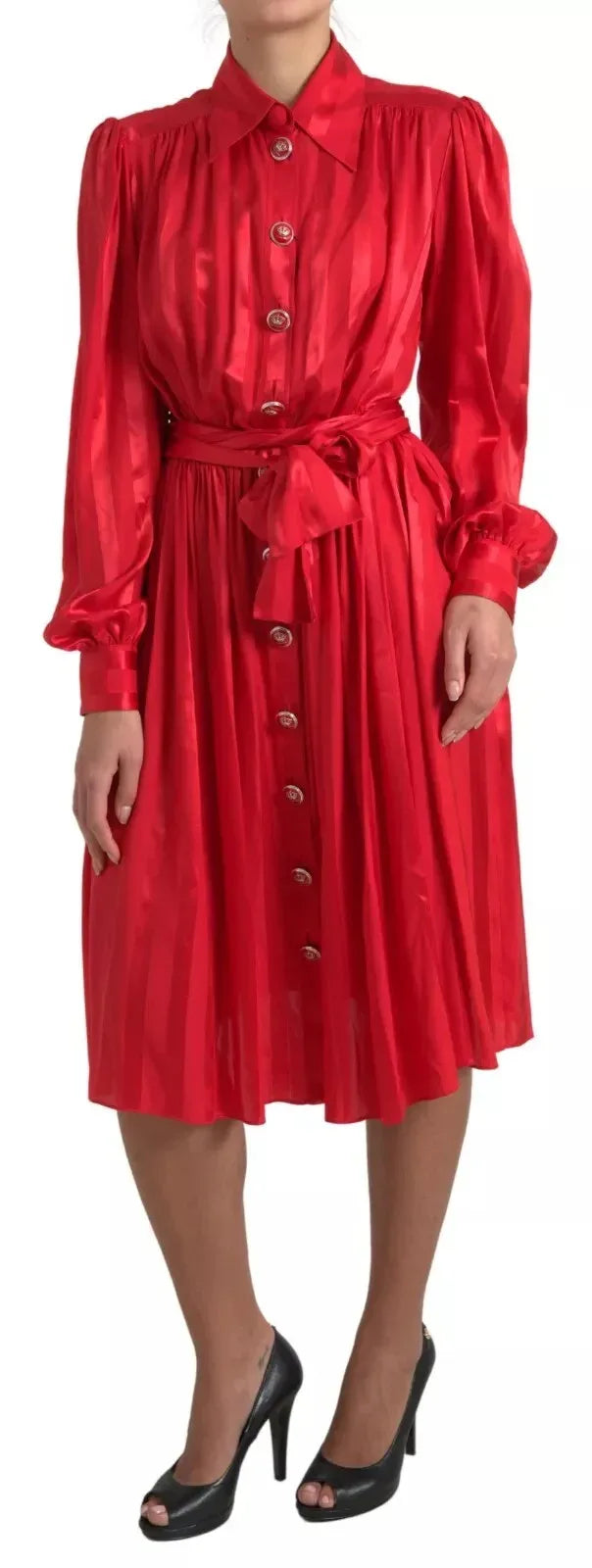 Dolce & Gabbana Red Button Down Belted Midi Satin Silk Dress - Zeiniez