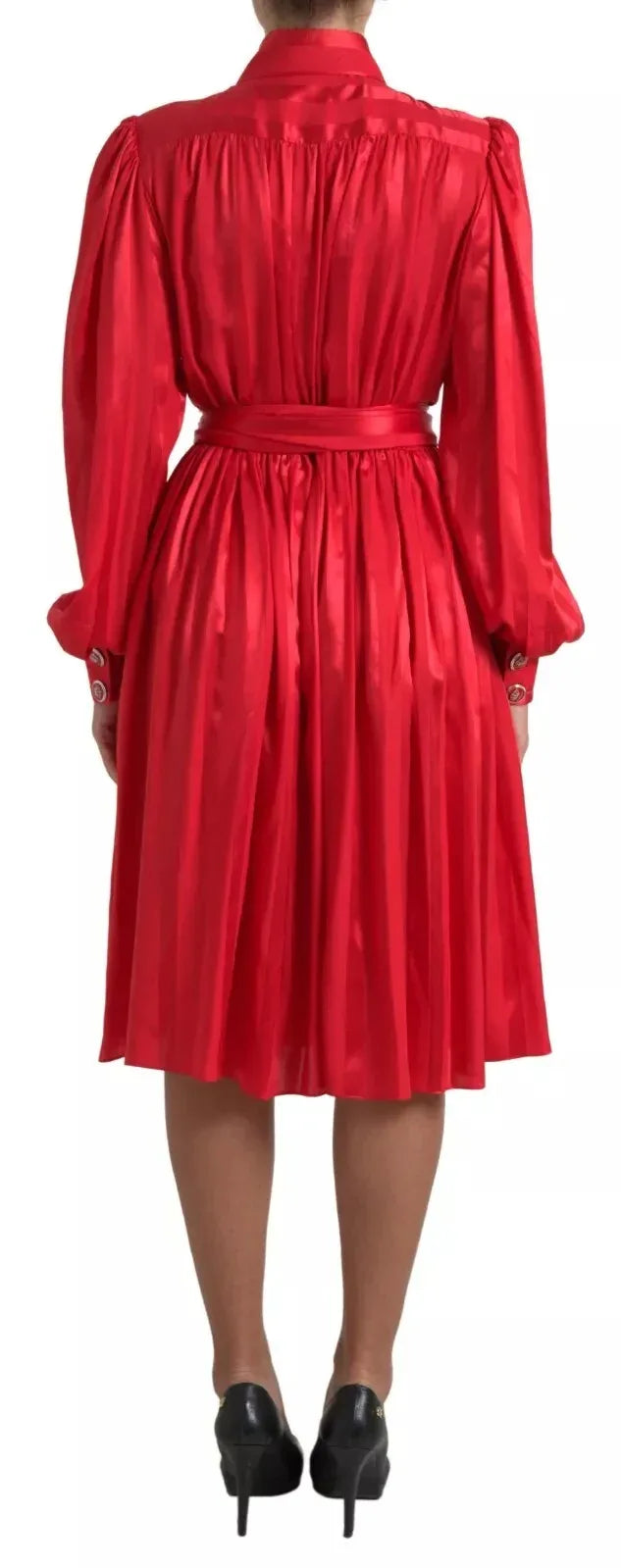Dolce & Gabbana Red Button Down Belted Midi Satin Silk Dress - Zeiniez