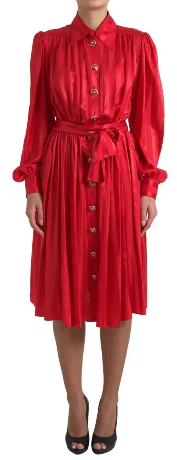 Dolce & Gabbana Red Button Down Belted Midi Satin Silk Dress - Zeiniez