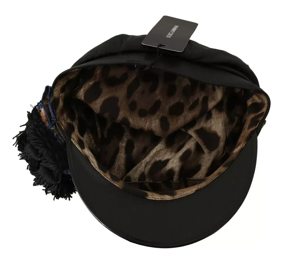 Dolce & Gabbana Black Leather Crystal Beads Gold Ribbon Fiddler Cap - Zeiniez