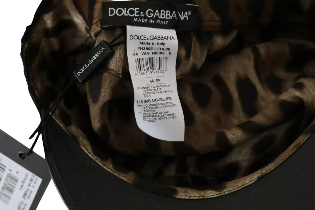 Dolce & Gabbana Black Leather Crystal Beads Gold Ribbon Fiddler Cap - Zeiniez