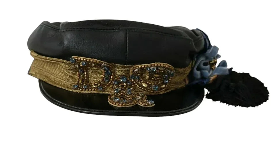 Dolce & Gabbana Black Leather Crystal Beads Gold Ribbon Fiddler Cap - Zeiniez