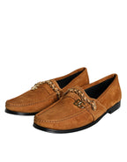 Dolce & Gabbana Brown Velvet Leather Logo Mocassin Slip On Shoes - Zeiniez