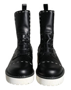 Dolce & Gabbana Black Leather Combat Mid Calf Boots Shoes - Zeiniez
