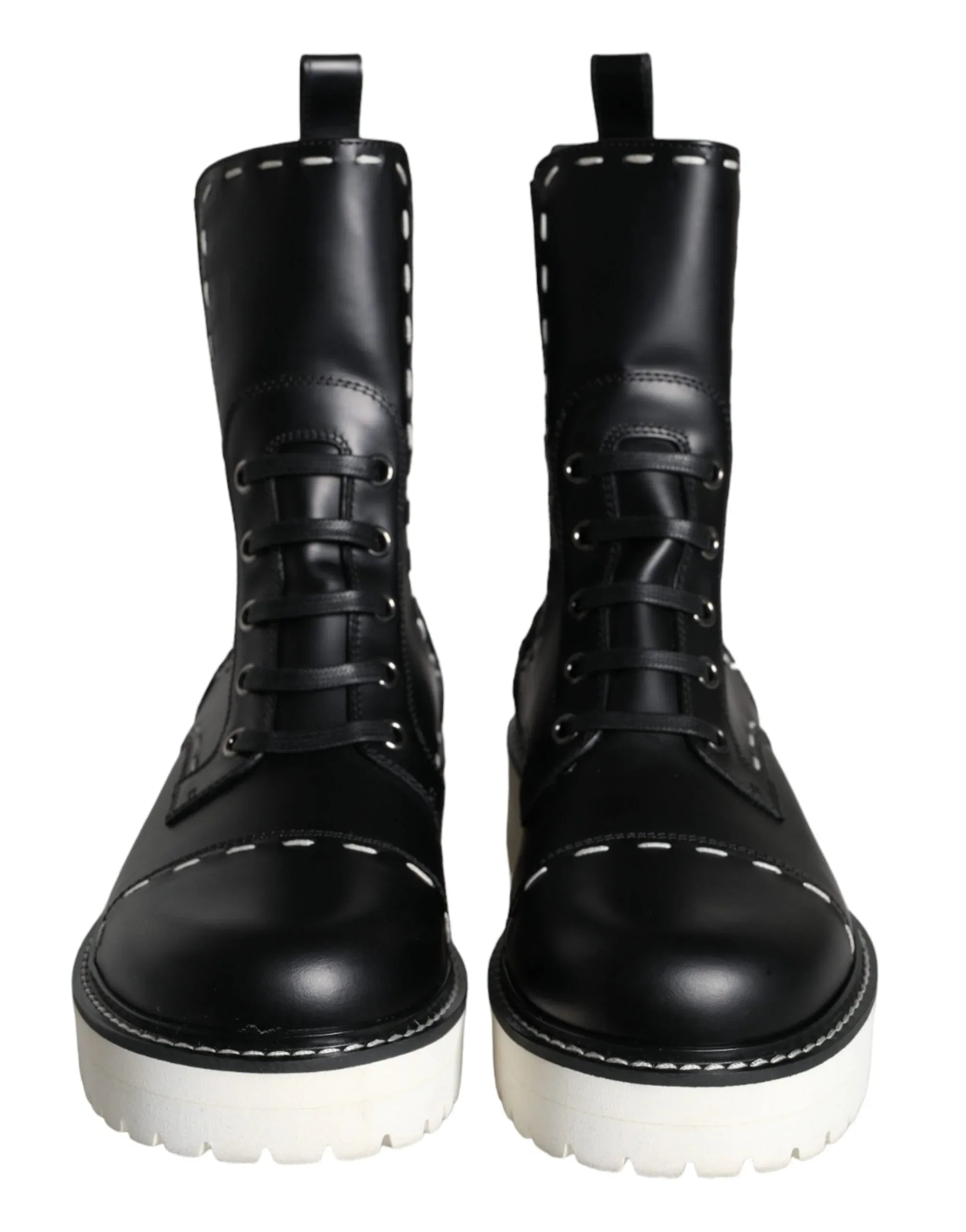 Dolce & Gabbana Black Leather Combat Mid Calf Boots Shoes - Zeiniez