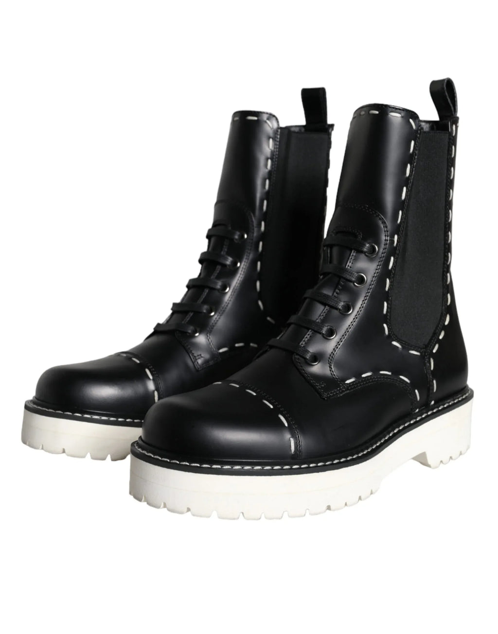 Dolce & Gabbana Black Leather Combat Mid Calf Boots Shoes - Zeiniez
