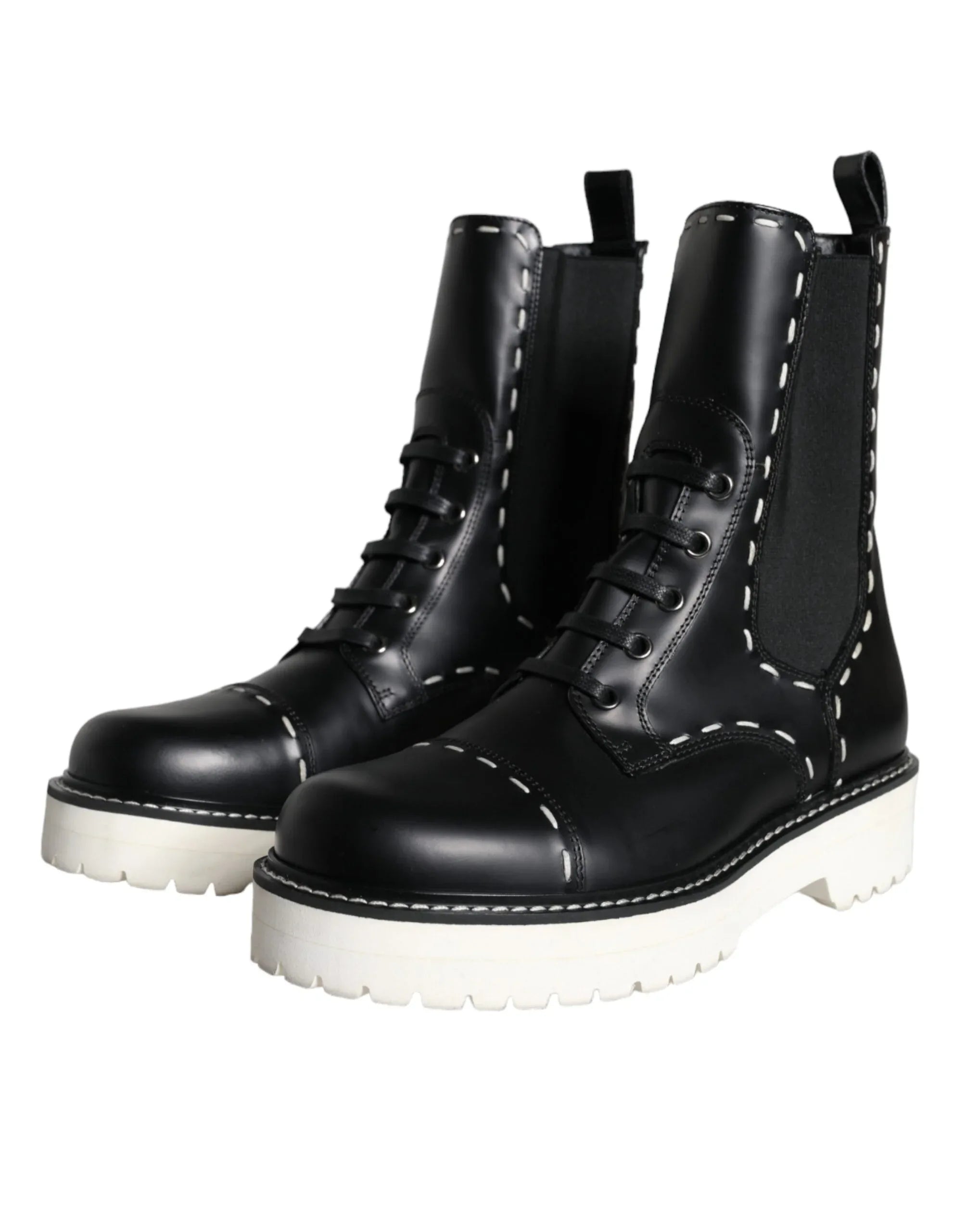 Dolce & Gabbana Black Leather Combat Mid Calf Boots Shoes - Zeiniez