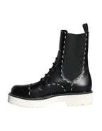 Dolce & Gabbana Black Leather Combat Mid Calf Boots Shoes - Zeiniez