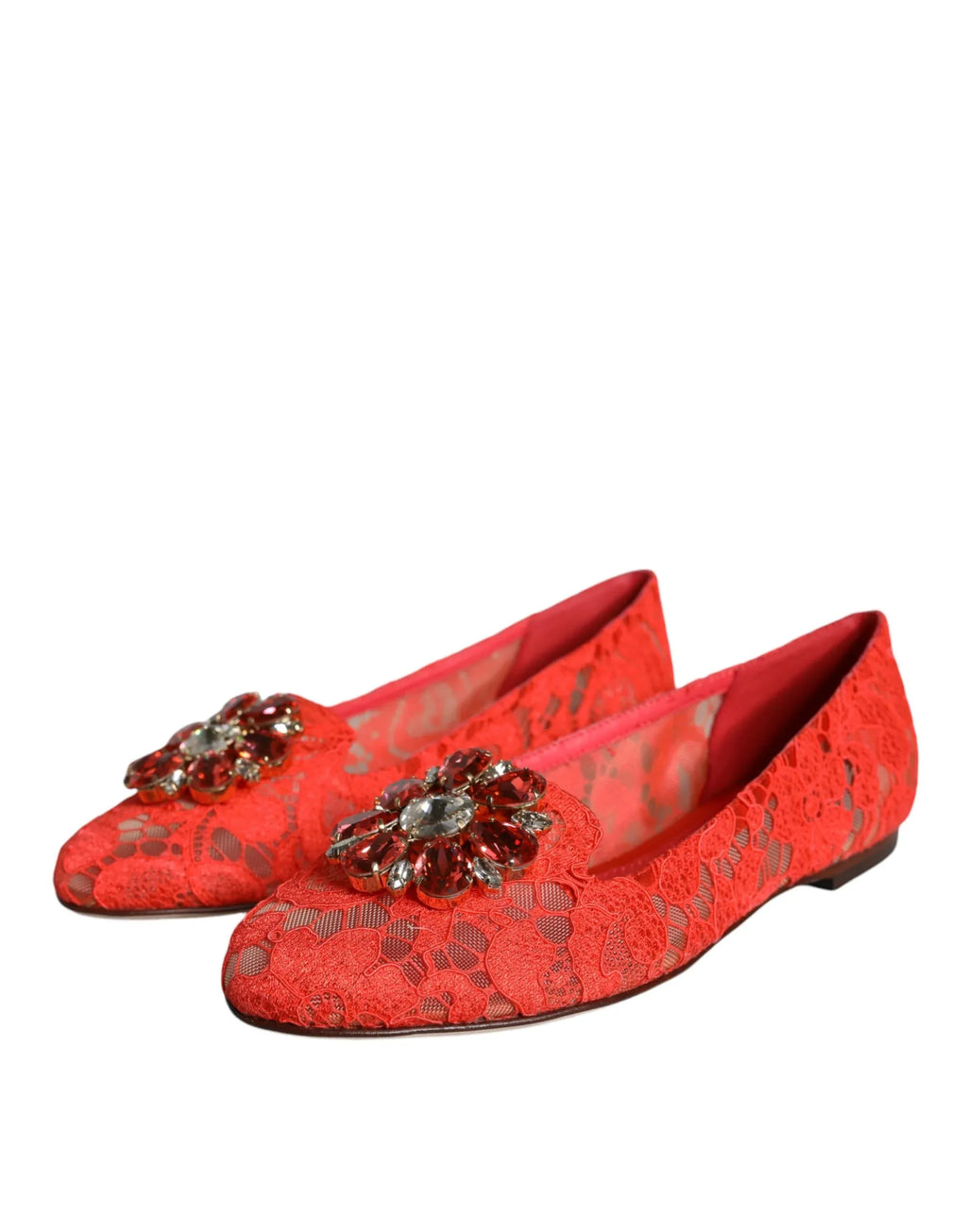 Dolce & Gabbana Coral Lace Crystal Ballet Flats Loafers Shoes - Zeiniez