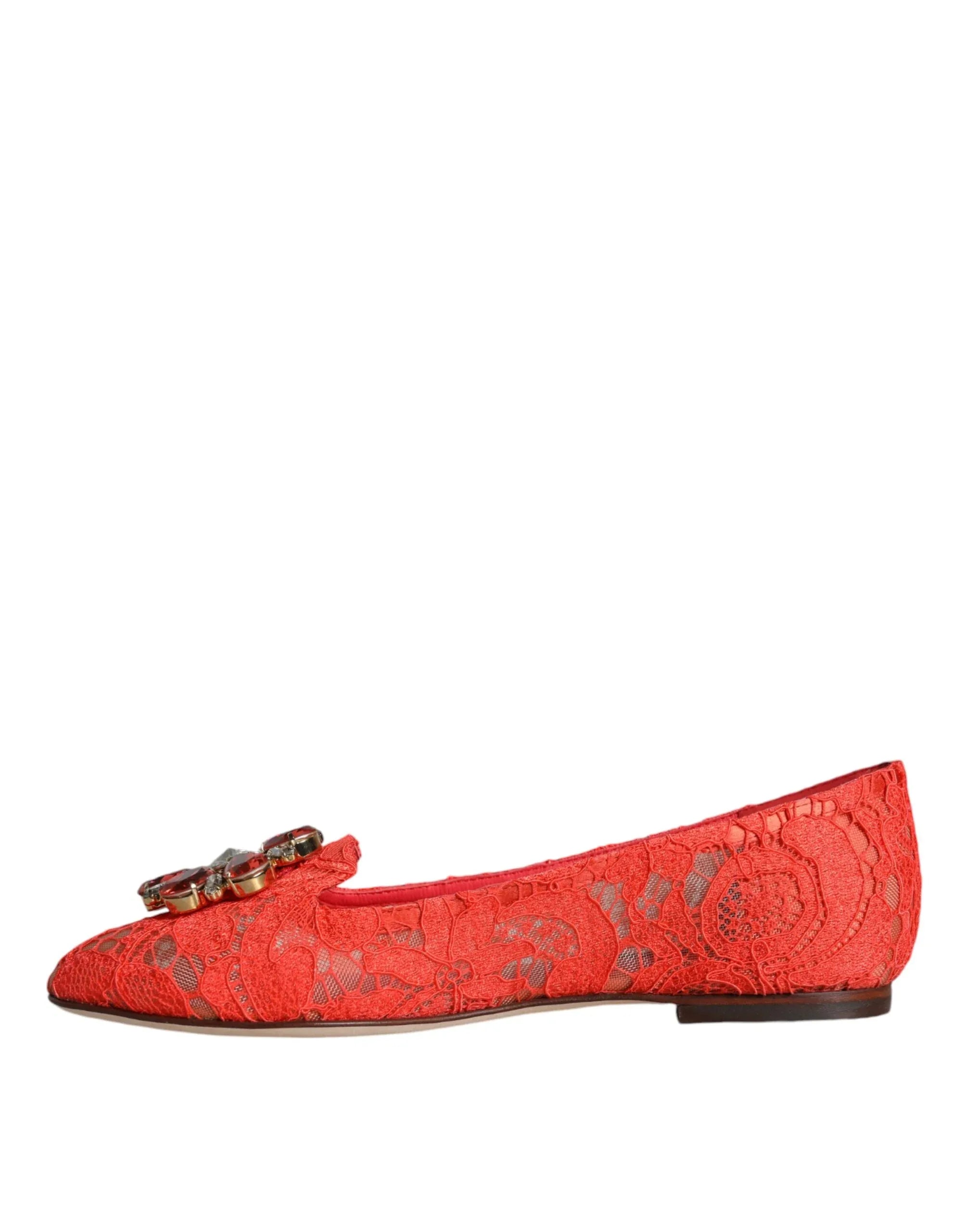 Dolce & Gabbana Coral Lace Crystal Ballet Flats Loafers Shoes - Zeiniez