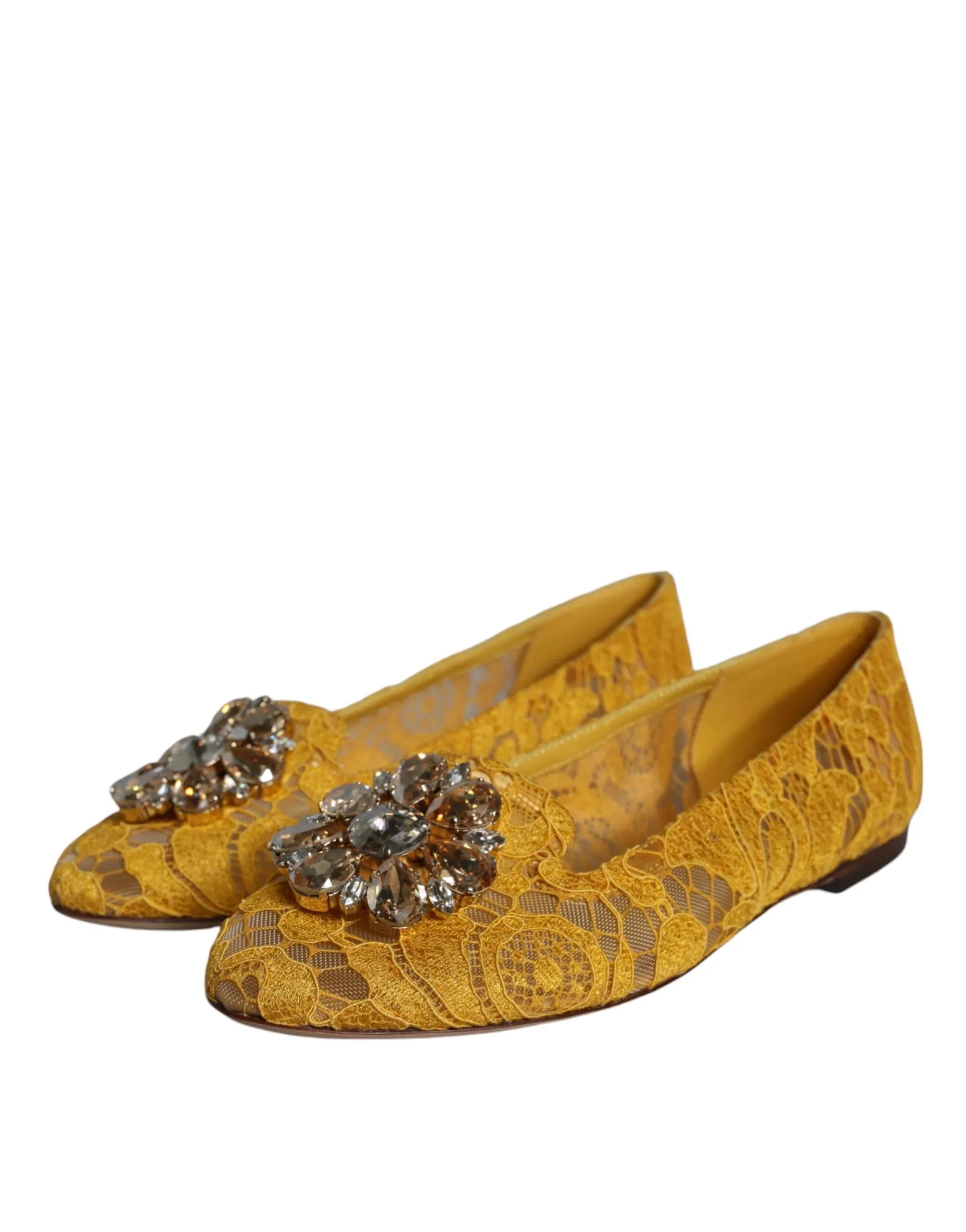 Dolce & Gabbana Mustard Lace Crystal Ballet Flats Loafer Shoes - Zeiniez