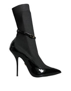 Dolce & Gabbana Black Leather Stilettos Booties Socks Shoes - Zeiniez