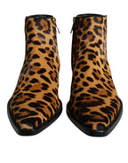Dolce & Gabbana Brown Leopard Calf Fur Ankle Boots Shoes - Zeiniez