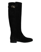 Dolce & Gabbana Black Suede Leather Knee High Boots Shoes - Zeiniez