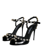 Dolce & Gabbana Black Leather Crystal Ankle Strap Sandals Shoes - Zeiniez
