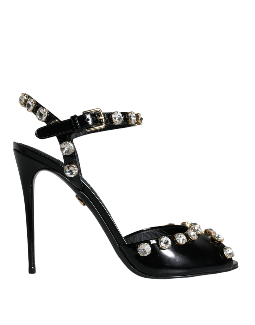 Dolce & Gabbana Black Leather Crystal Ankle Strap Sandals Shoes - Zeiniez