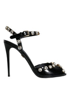 Dolce & Gabbana Black Leather Crystal Ankle Strap Sandals Shoes - Zeiniez