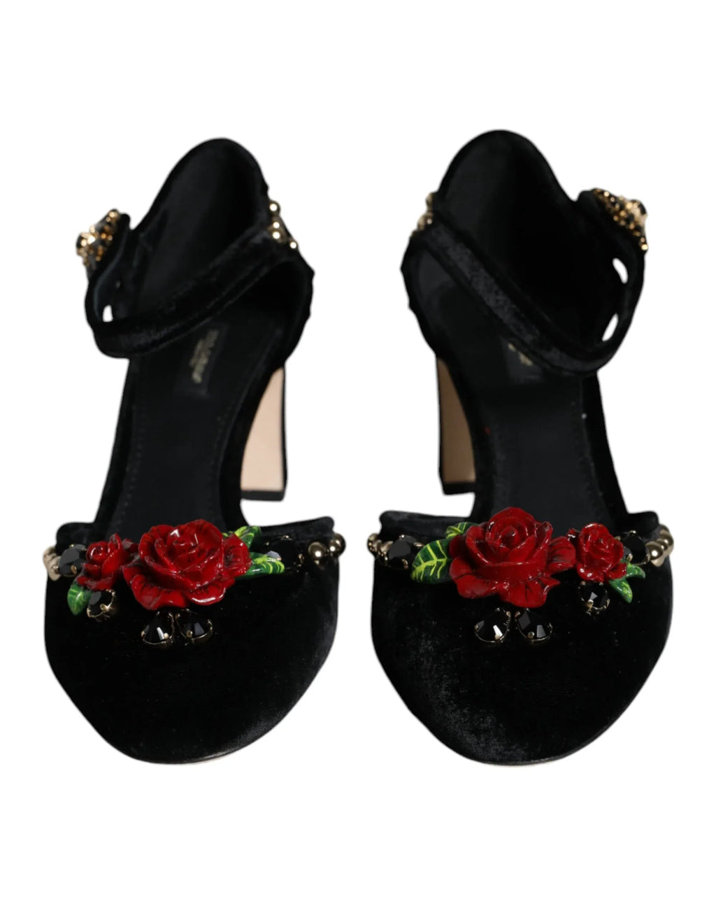 Dolce & Gabbana Black Velvet Roses Ankle Strap Pumps Shoes - Zeiniez