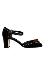 Dolce & Gabbana Black Velvet Roses Ankle Strap Pumps Shoes - Zeiniez