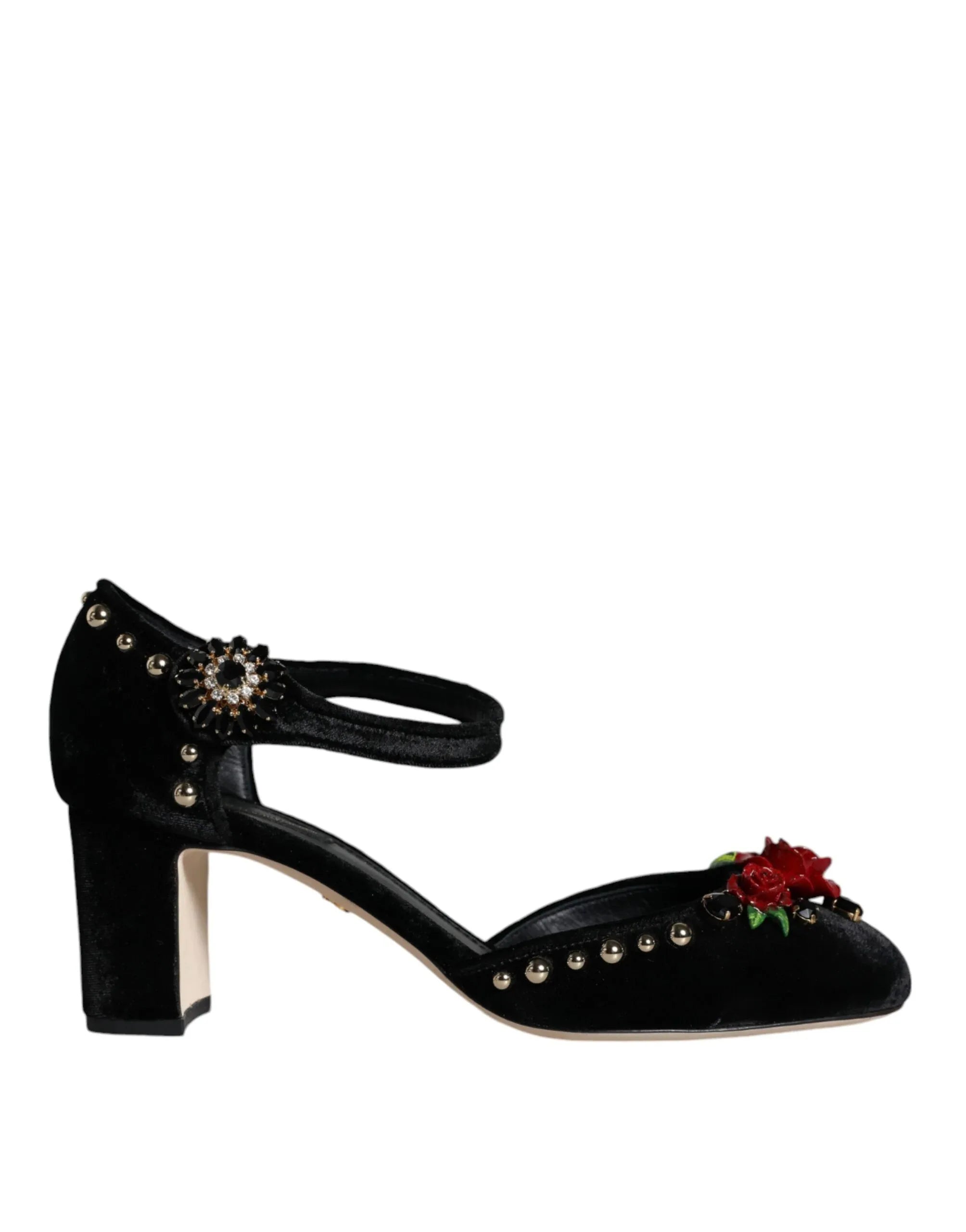 Dolce & Gabbana Black Velvet Roses Ankle Strap Pumps Shoes - Zeiniez