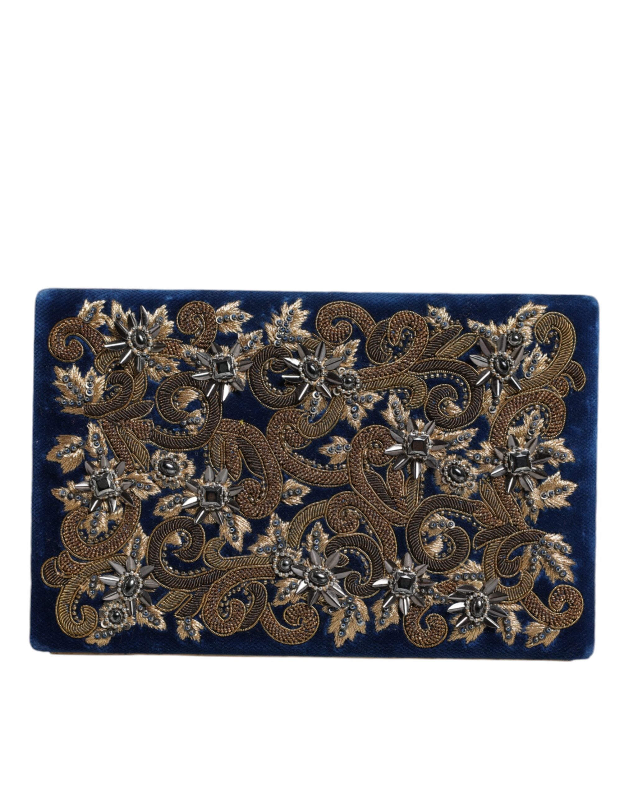 Dolce & Gabbana Blue Velvet Gold Frame Clutch Evening Party Purse Bag - Zeiniez