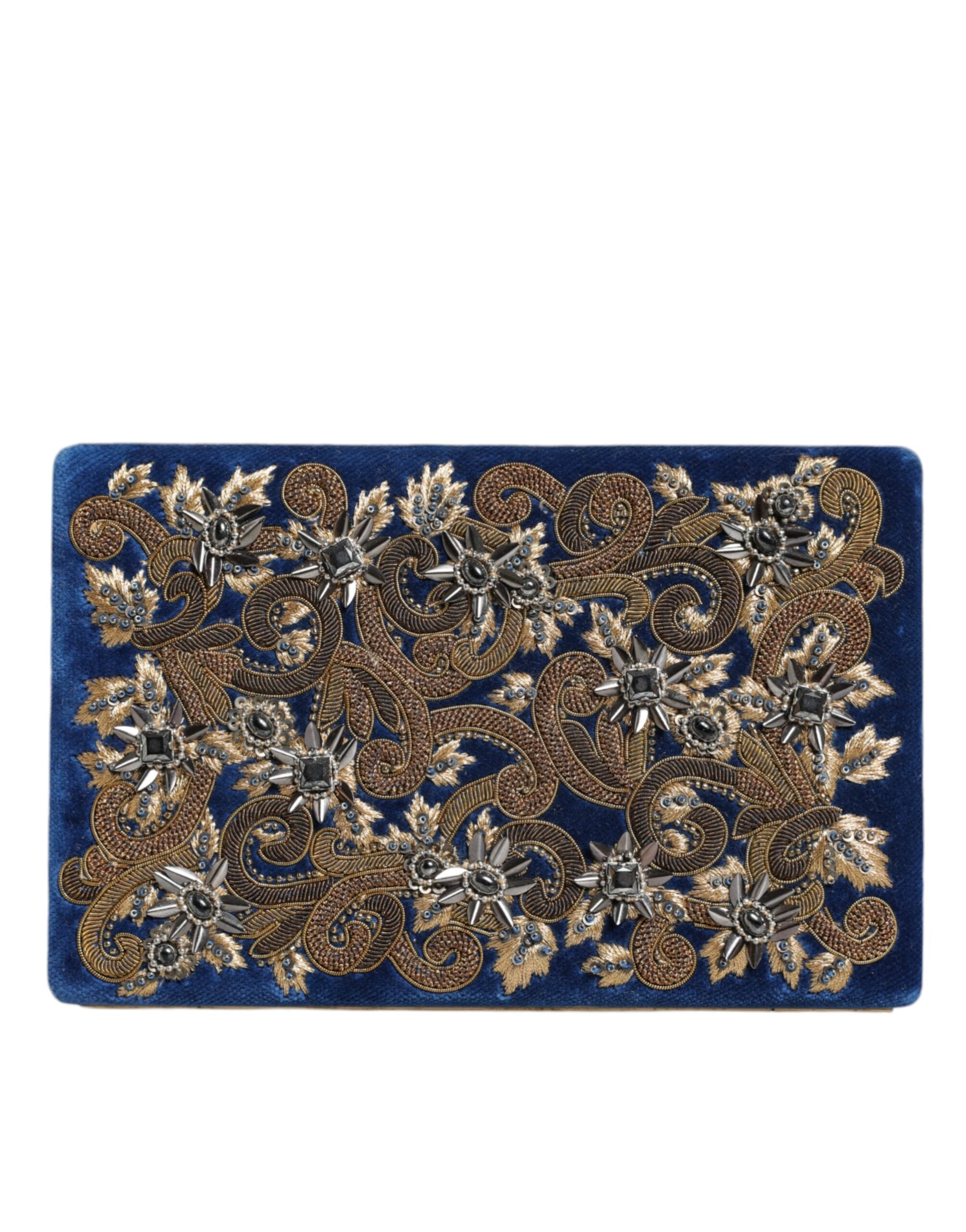 Dolce & Gabbana Blue Velvet Gold Frame Clutch Evening Party Purse Bag - Zeiniez